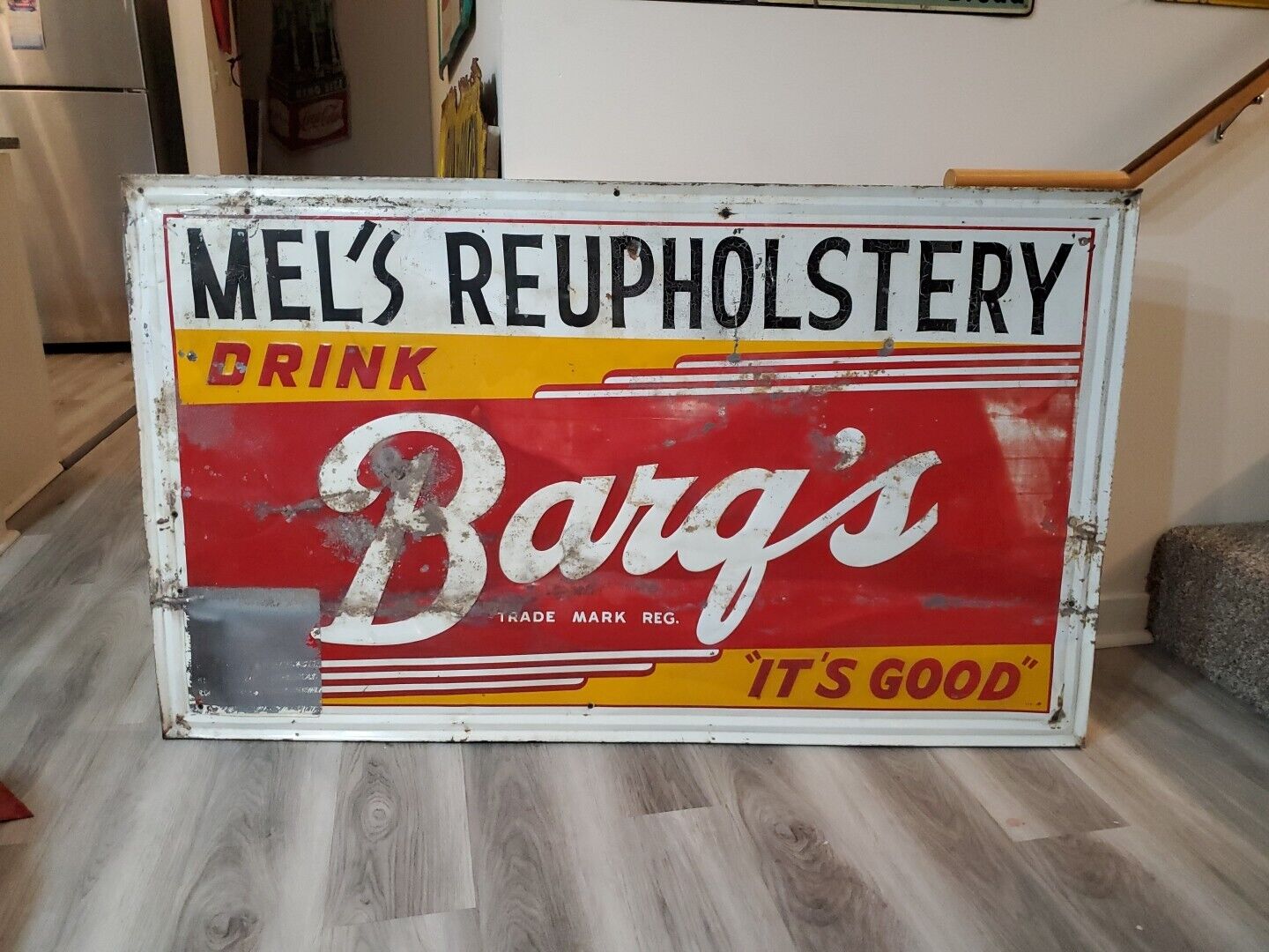 c.1950s Original Vintage Drink Barq's Root Beer Sign Metal Embossed Soda Gas Oil