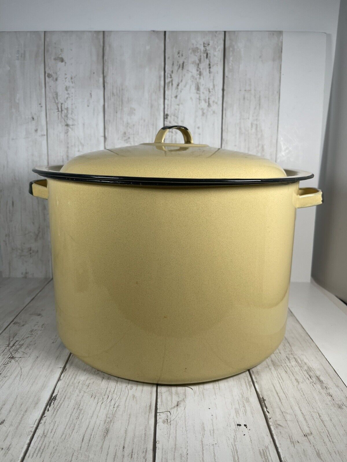 Vintage Large Enamelware Yellow Farmhouse Stock Pot with Lid