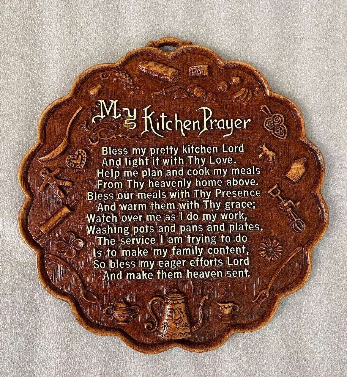 Vntg MCM 50s “My Kitchen Prayer” 3D Embossed Wall Plaque-Multi Products Inc USA