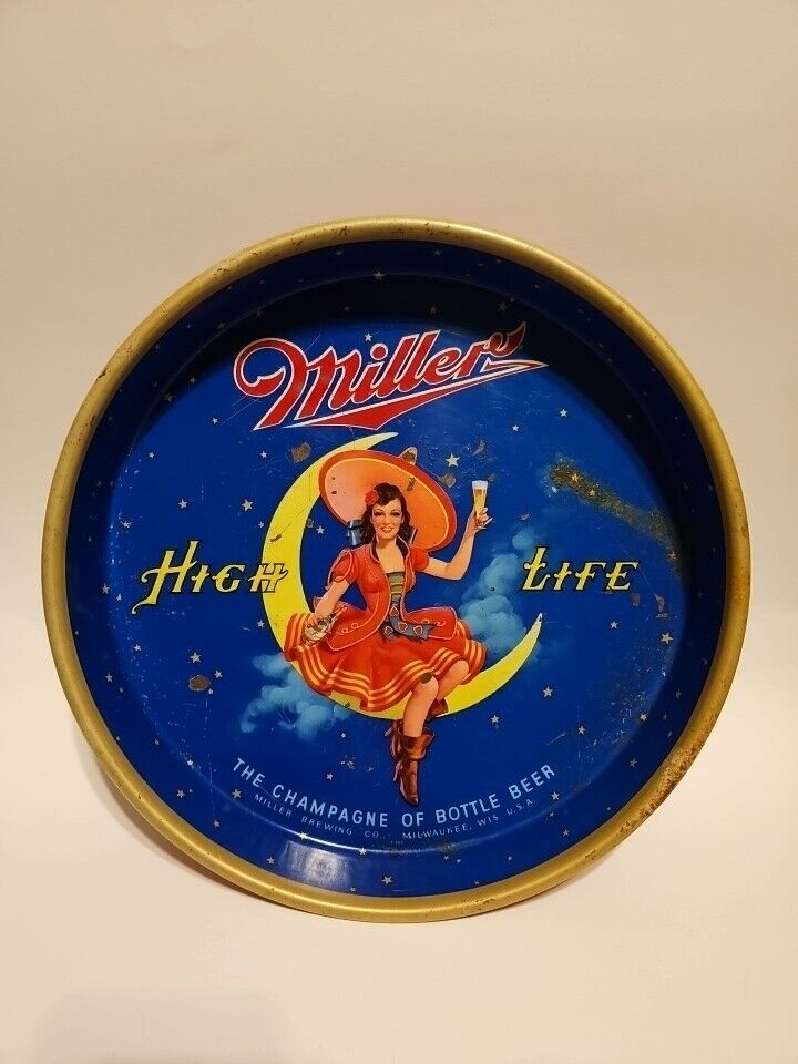 Miller High Life Vintage Beer Tray Tin Metal Girl Woman on Moon Milwaukee Wi 13