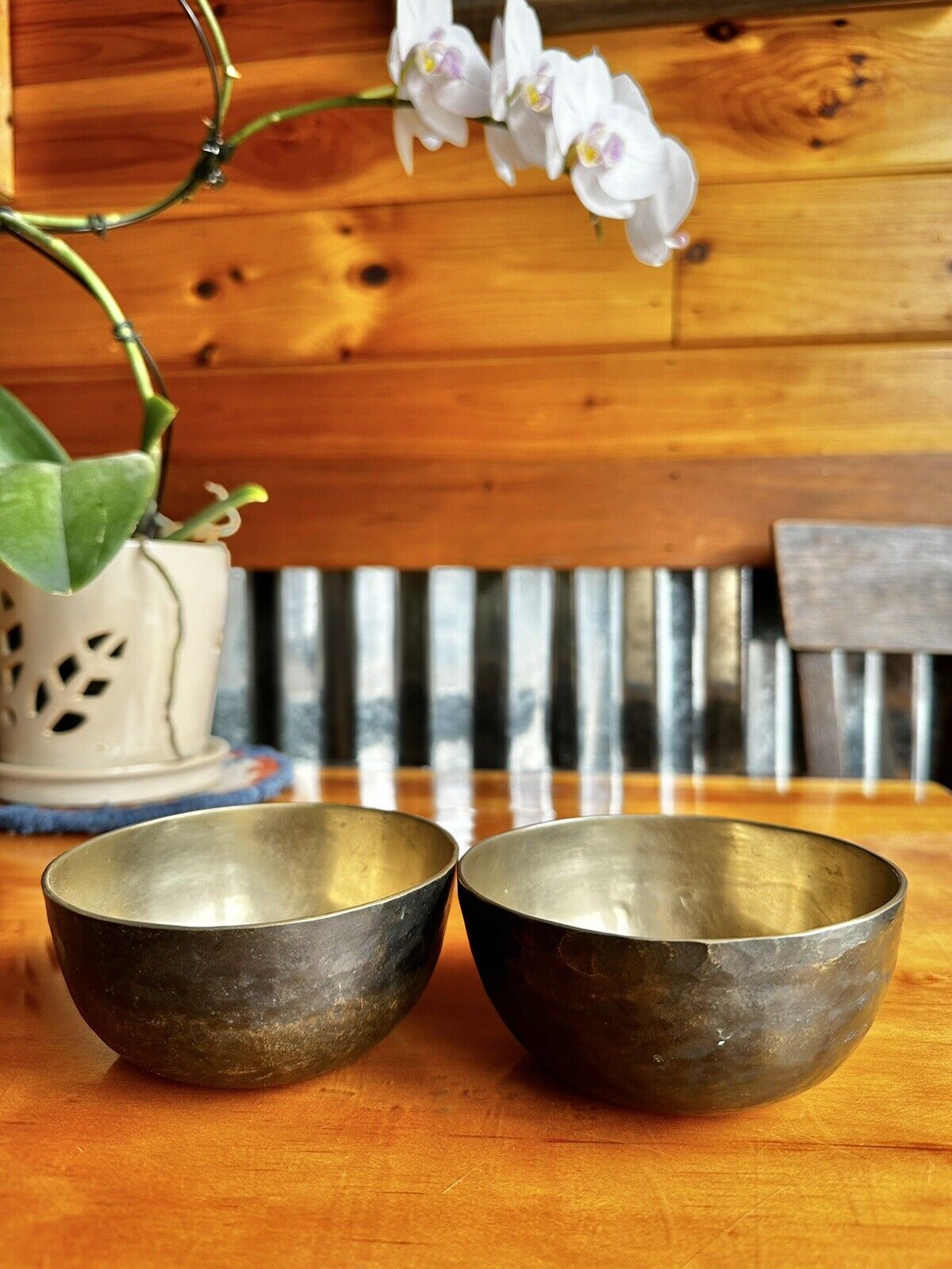 2 Antique Brass Tibetan 4.5”Meditation Yoga Singing Bowls Handmade Aged Hammered