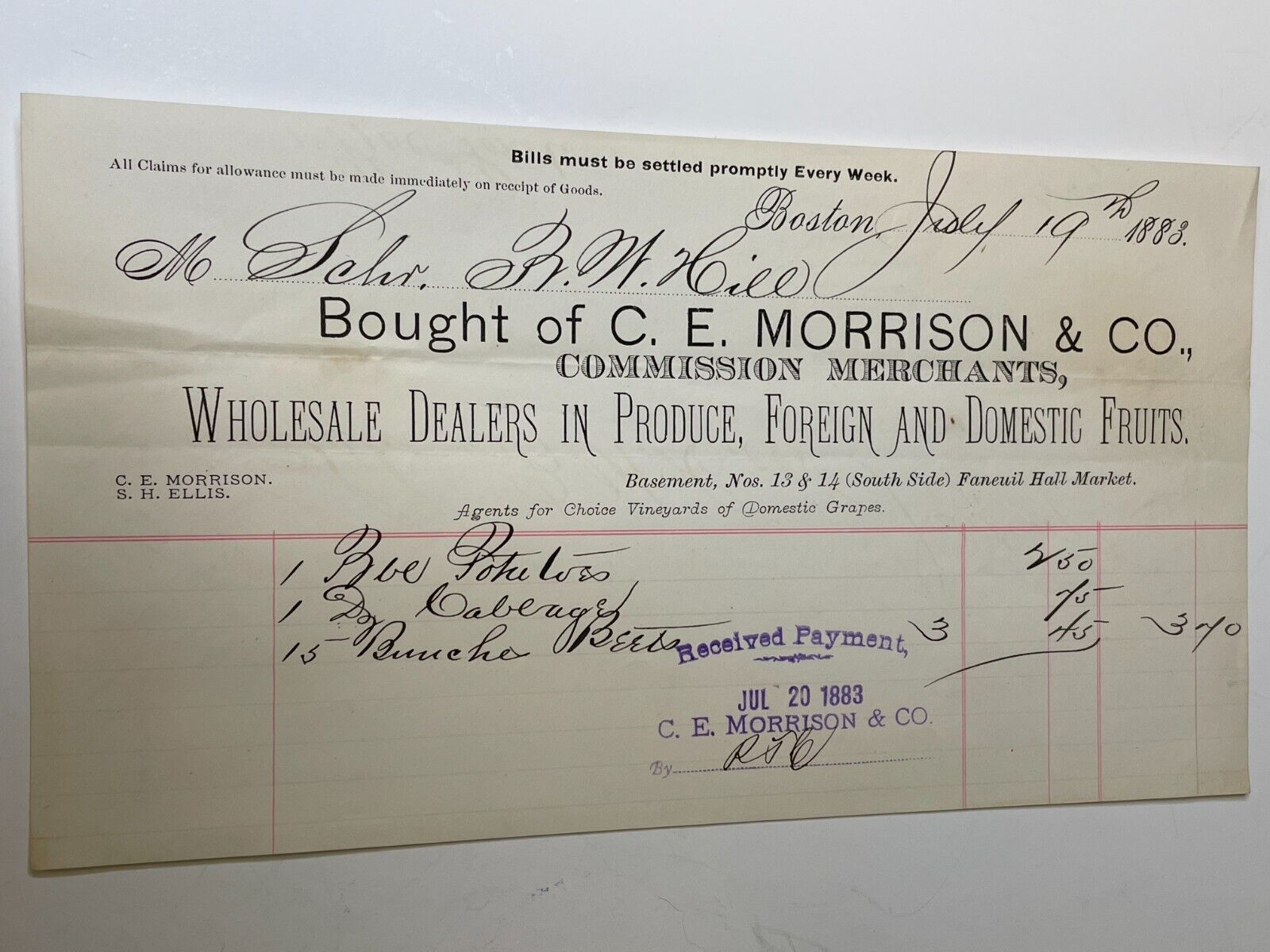 Antique Billhead July 19, 1883 C.E. Morrison & Co. Wholesale Dealer to R.W. Hill