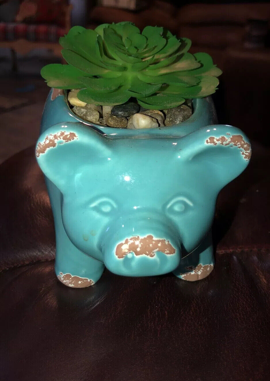 Pig Planter Ceramic 5” X 2.5” Blue With Faux Flower