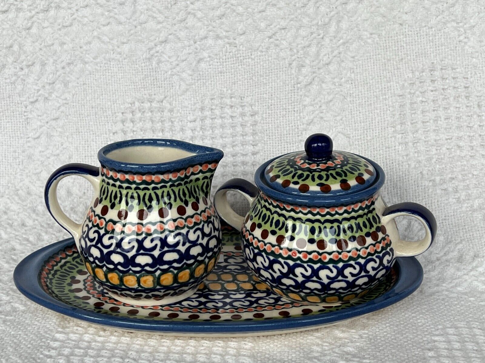 Polish Pottery -Sugar and Creamer Set with Tray- UNIKAT - NEW-Hand Painted