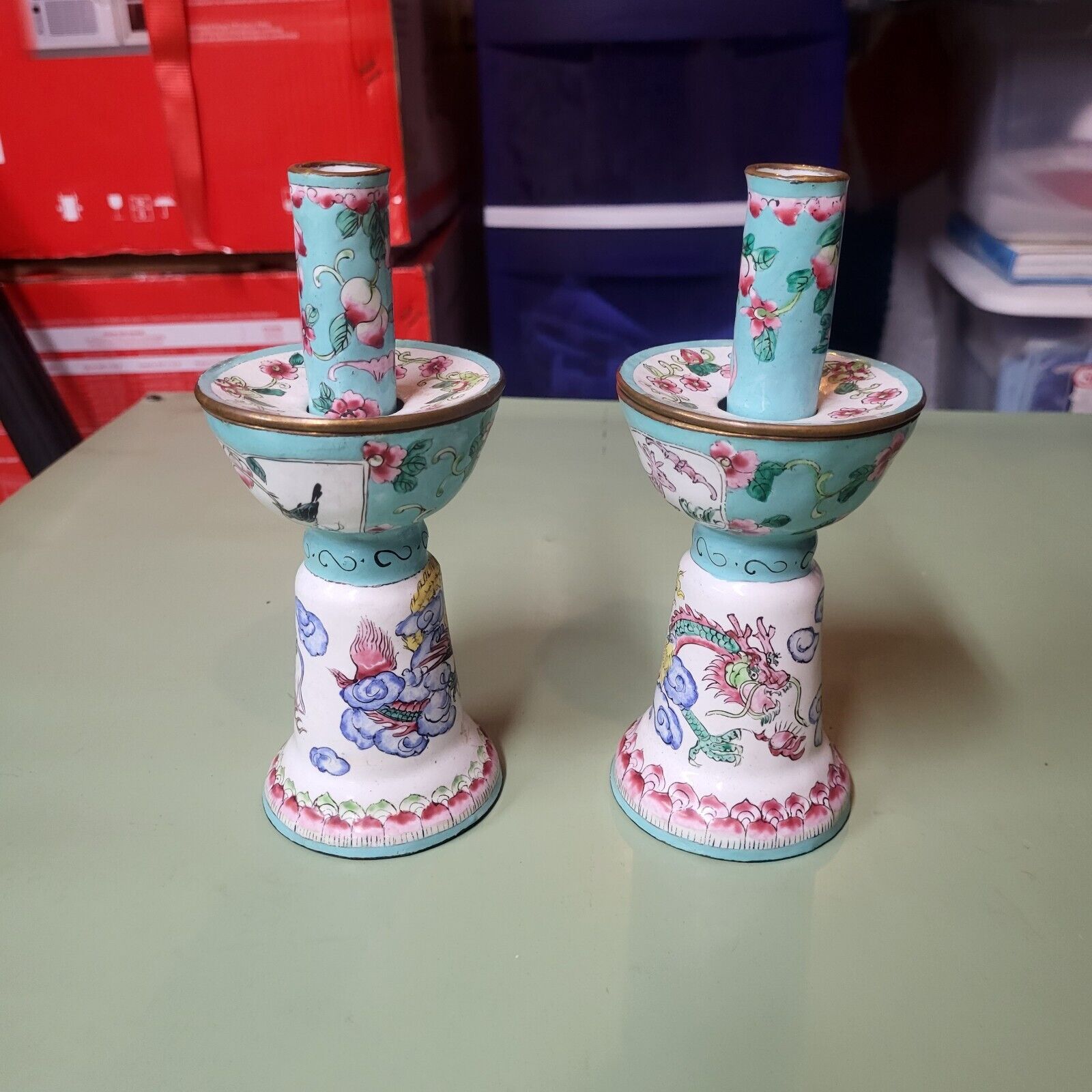 Vintage Asian Chinese Cloisonne Enamel Bronze Brass Candlestick Holders Lot of 2