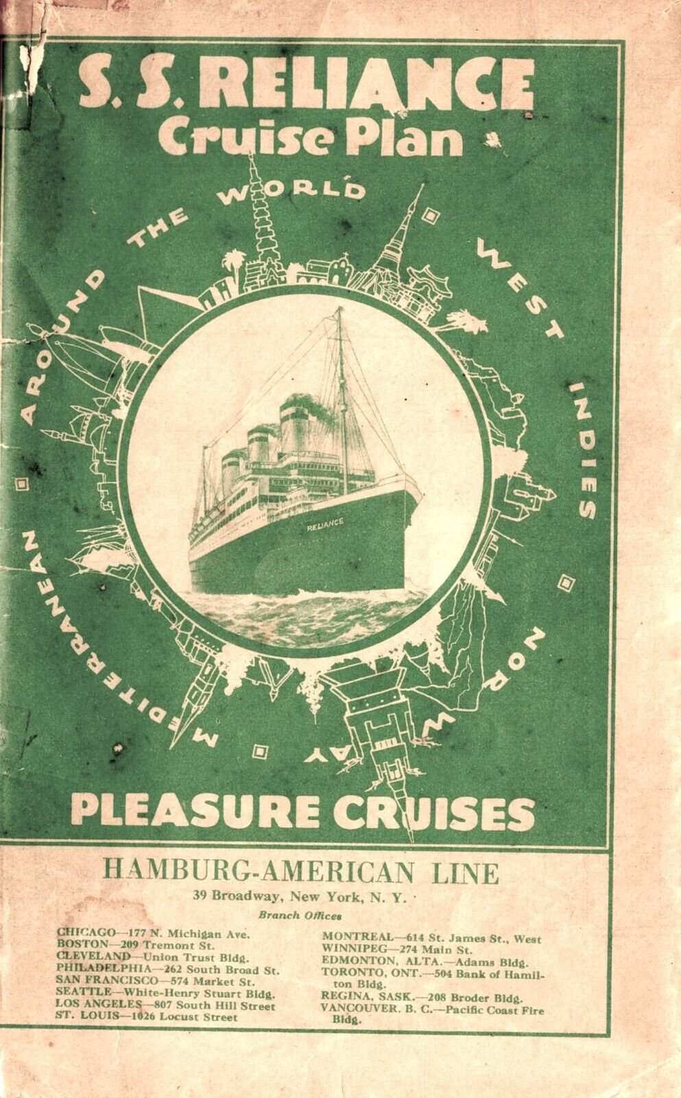1930 Hamburg American Line RELIANCE Cruise Deck Plan w/ Color-Coding & Interiors