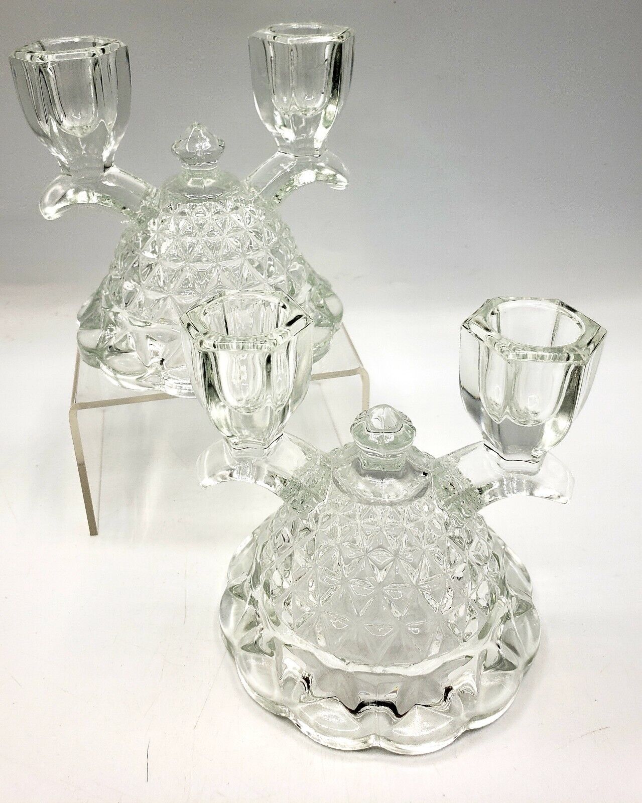 Set Of 2 Vintage Imperial Glass Katy Double Light Candle Stick Holders c.1930s