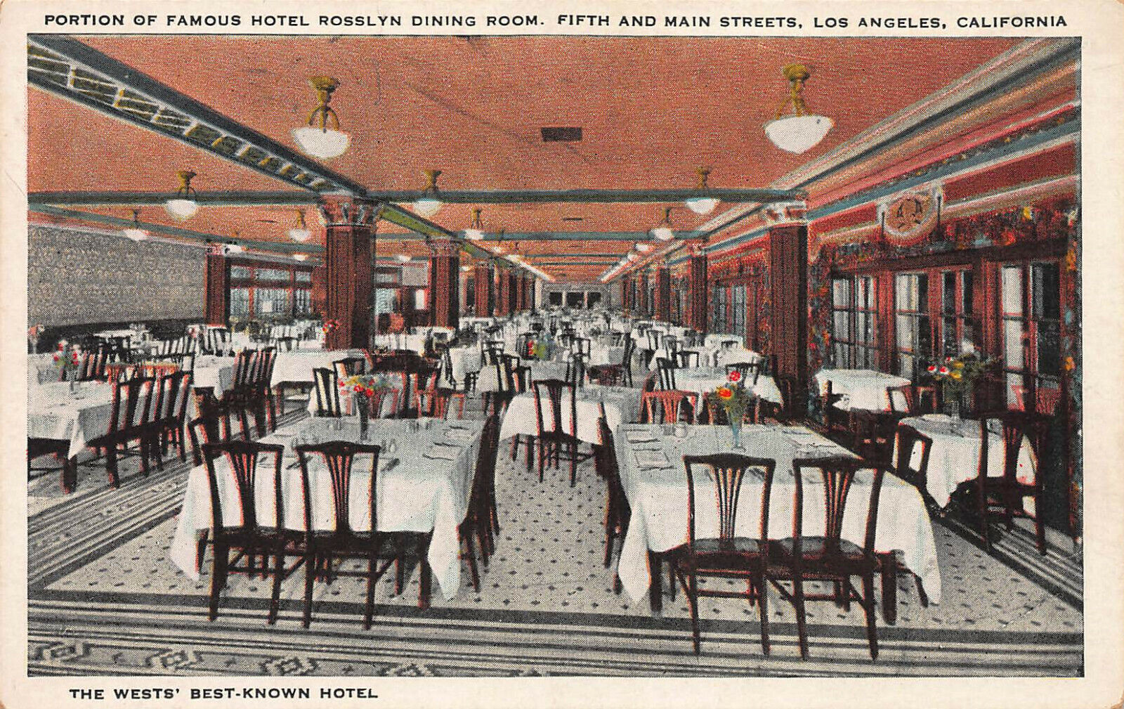  Hotel Rosslyn Dining Room, Los Angeles, California, Early Postcard, Unused