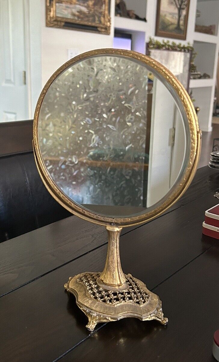 RARE Vintage Matson Gold Ormolu Vanity Makeup Mirror 2 sided with magnification