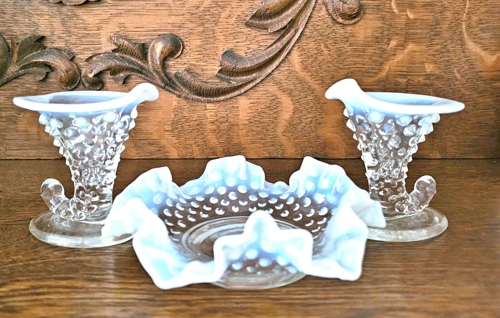 FENTON Mini Hobnail Opalescent Set French Bowl Cornucopias Candleholder Vases