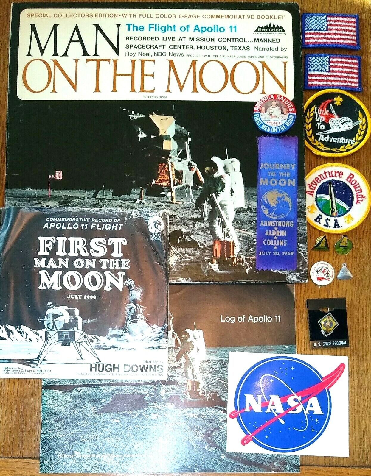 Collection of Vintage NASA Artifacts ~Books Records Pinbacks Patches Sticker etc