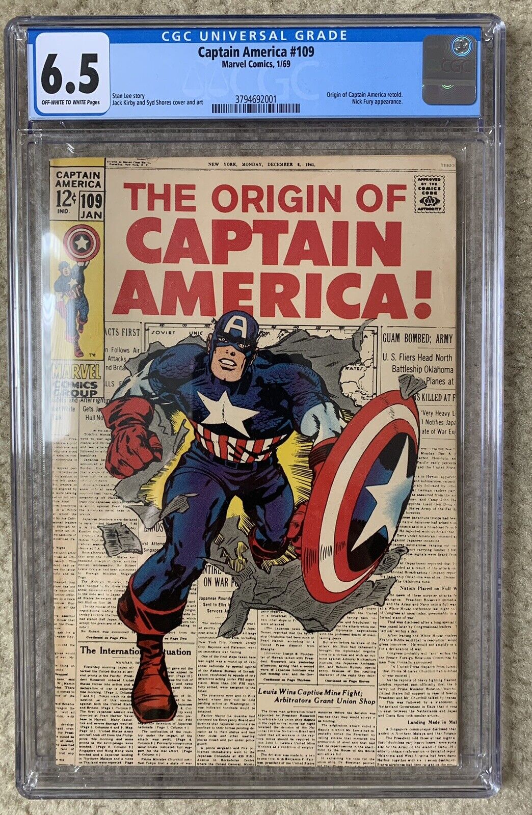 Captain America #109 January 1969 The Origins of Captain America CGC 6.5 Marvel
