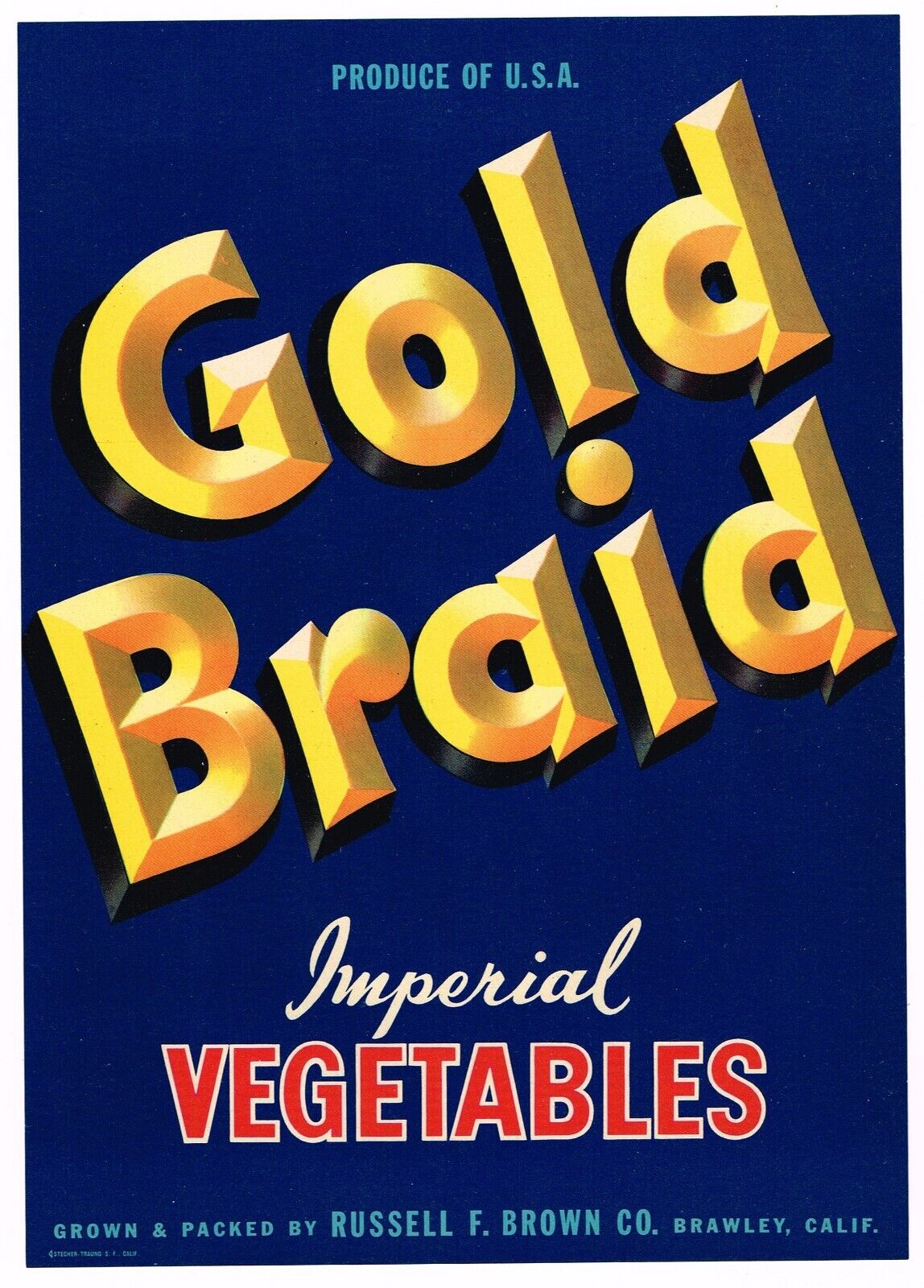 ORIGINAL CRATE LABEL VINTAGE RARE GOLD BRAID 7X9 BRAWLEY FILE 1952 IMPERIAL