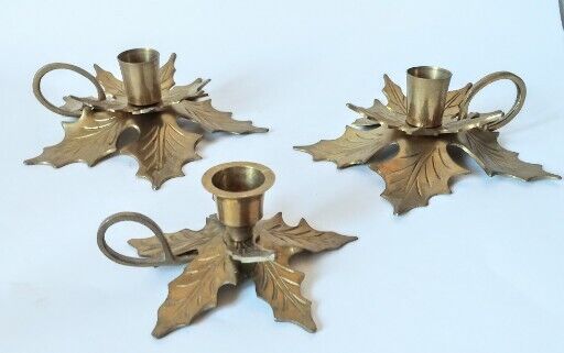 Set Of 3 (2Lg 1 Med) Brass Holly Leaf Taper Candlestick Holders W/ Handle India