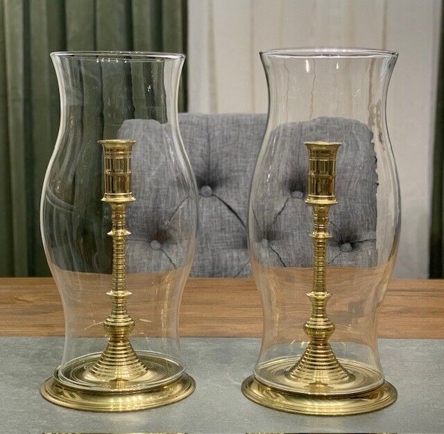 Attractive Brass Pair Hurricane Taper Candlesticks Candleholders Colonial Style