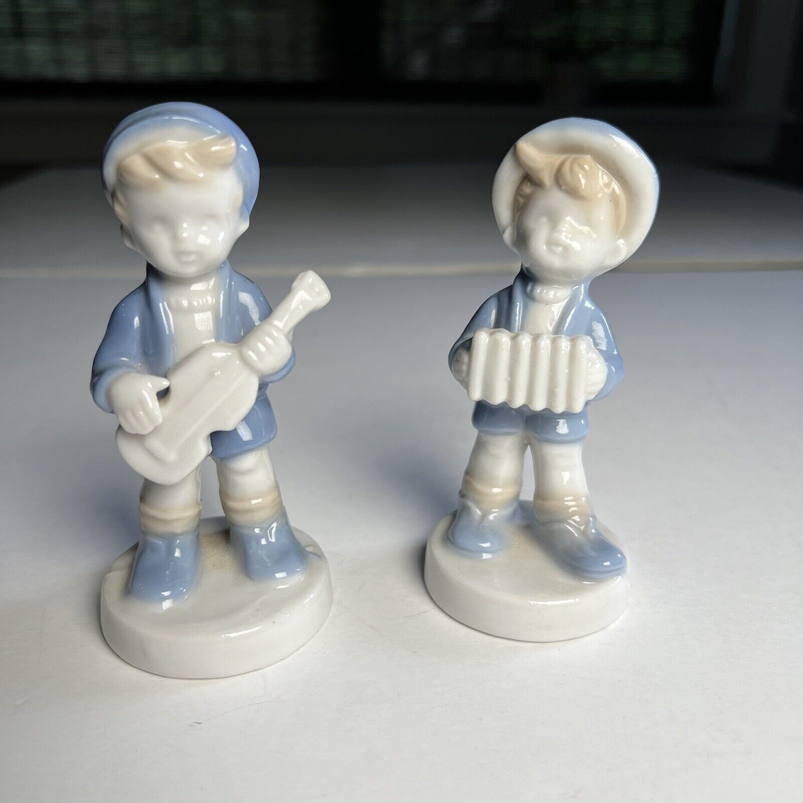 music figurines boy with accordian and boy with violin made in japan, Porcelain