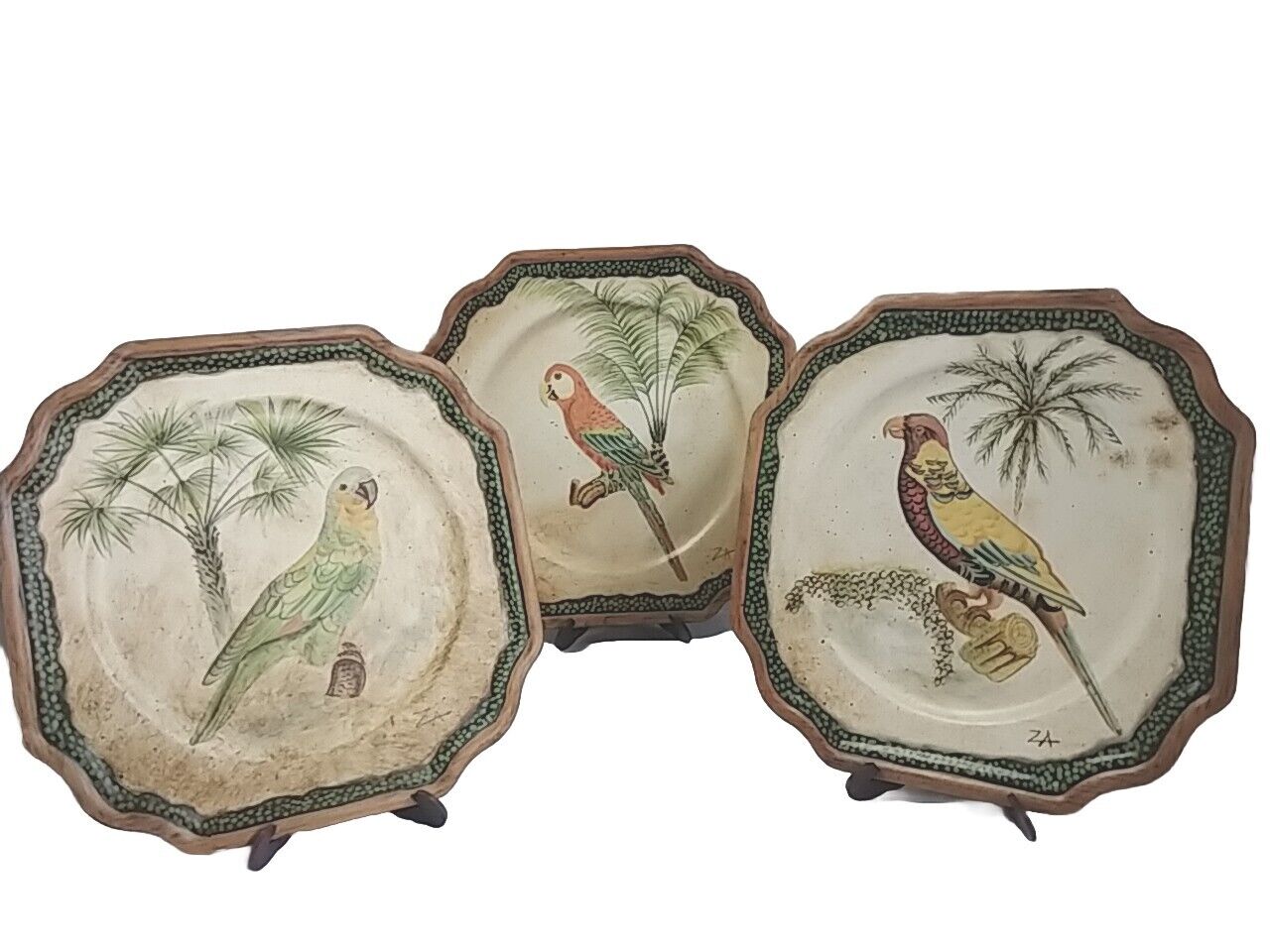 3 Tam San Hand Painted Wood Bird Plates Signed ZA