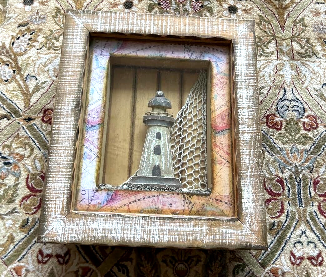 VINTAGE HANGING LIGHTHOUSE PICTURE w/ MAP FRAME ANTIQUE PERFECT FOR BEACH HOUSE