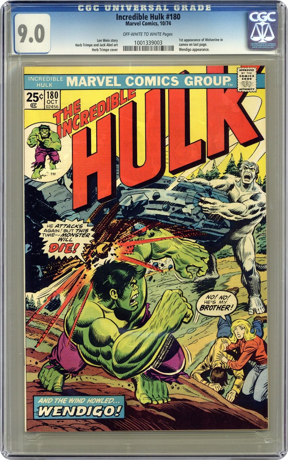 Incredible Hulk #180 CGC 9.0 1974 1001339003 1st app. Wolverine (cameo)
