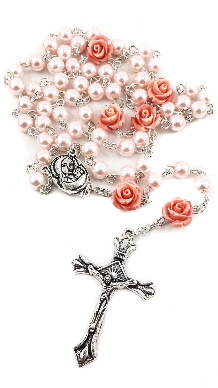 Catholic Pink Pearl Beads Rosary Rose Necklace Holy Soil Medal Cross