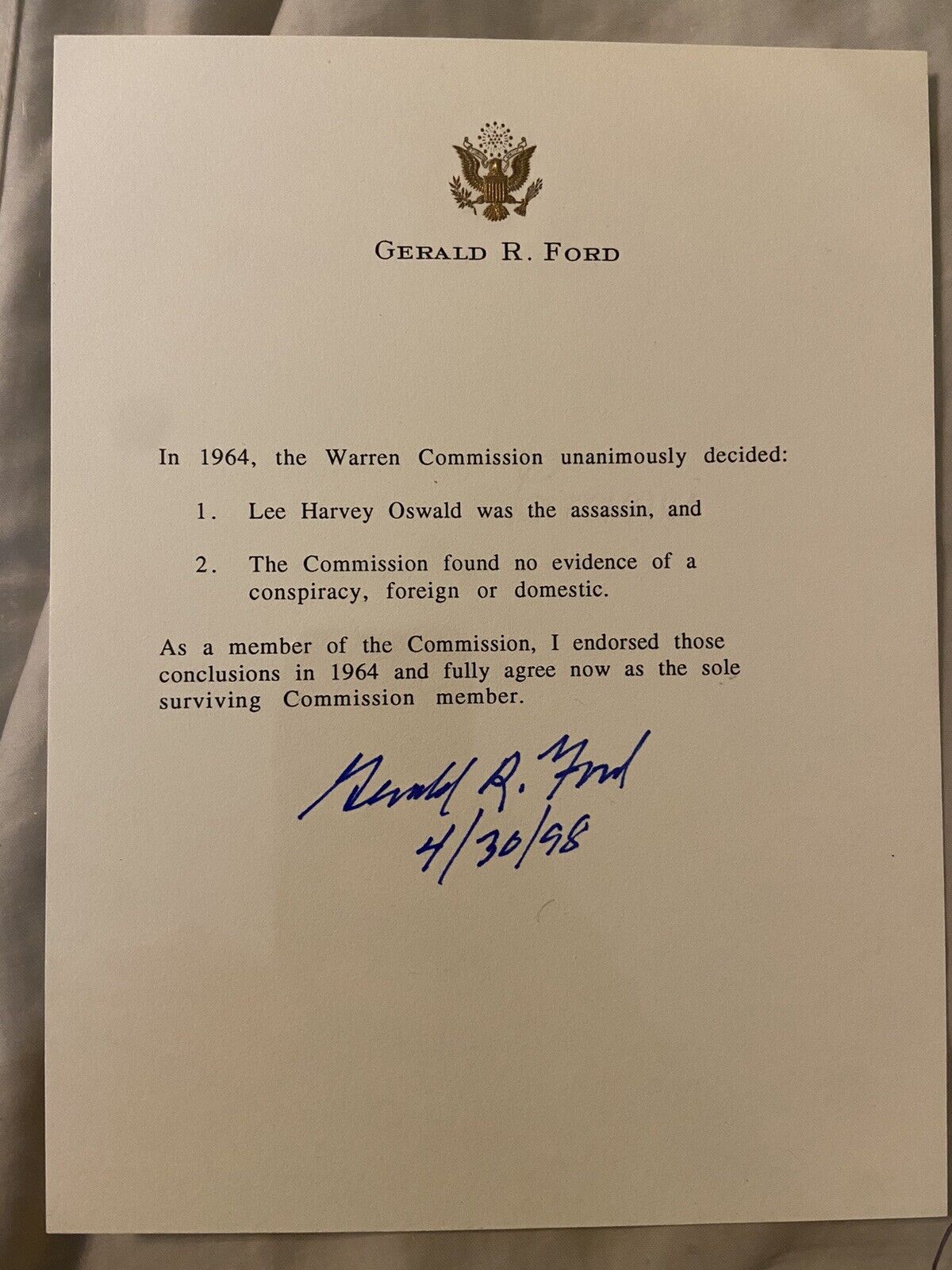 Gerald R. Ford Signed Warren Commission Statement