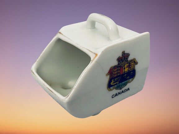 Vintage White Porcelain Canadian Coat of Arms Graphic Toothpick Holder