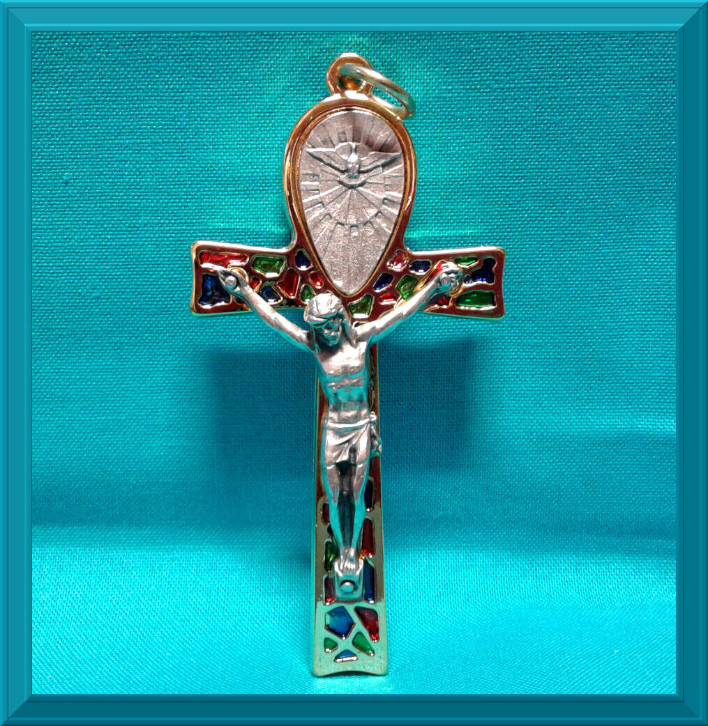 STAINED GLASS Two Sided HOLY SPIRIT DOVE Cross Pendant 3 1/8