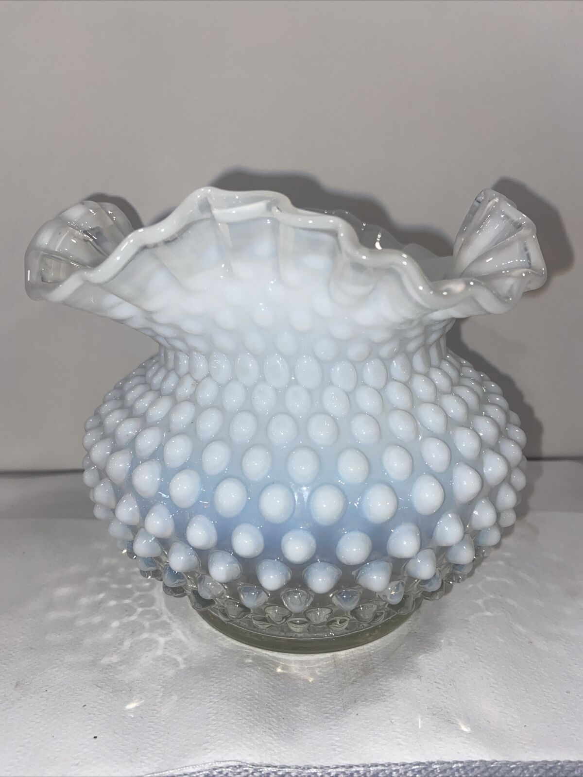 Fenton French White Opalescent Hobnail Rose Bowl Vase 5.5