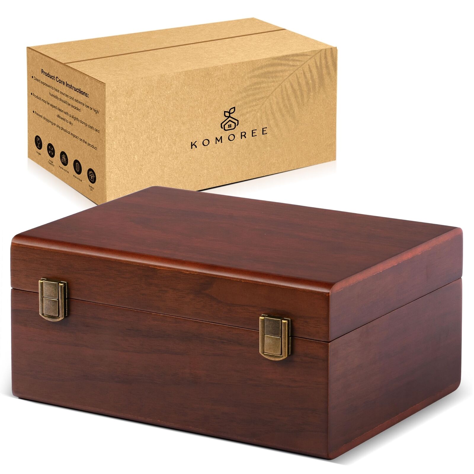 Wooden Keepsake Box - Large Walnut Wooden Storage Box with Hinged Lid and Dua...
