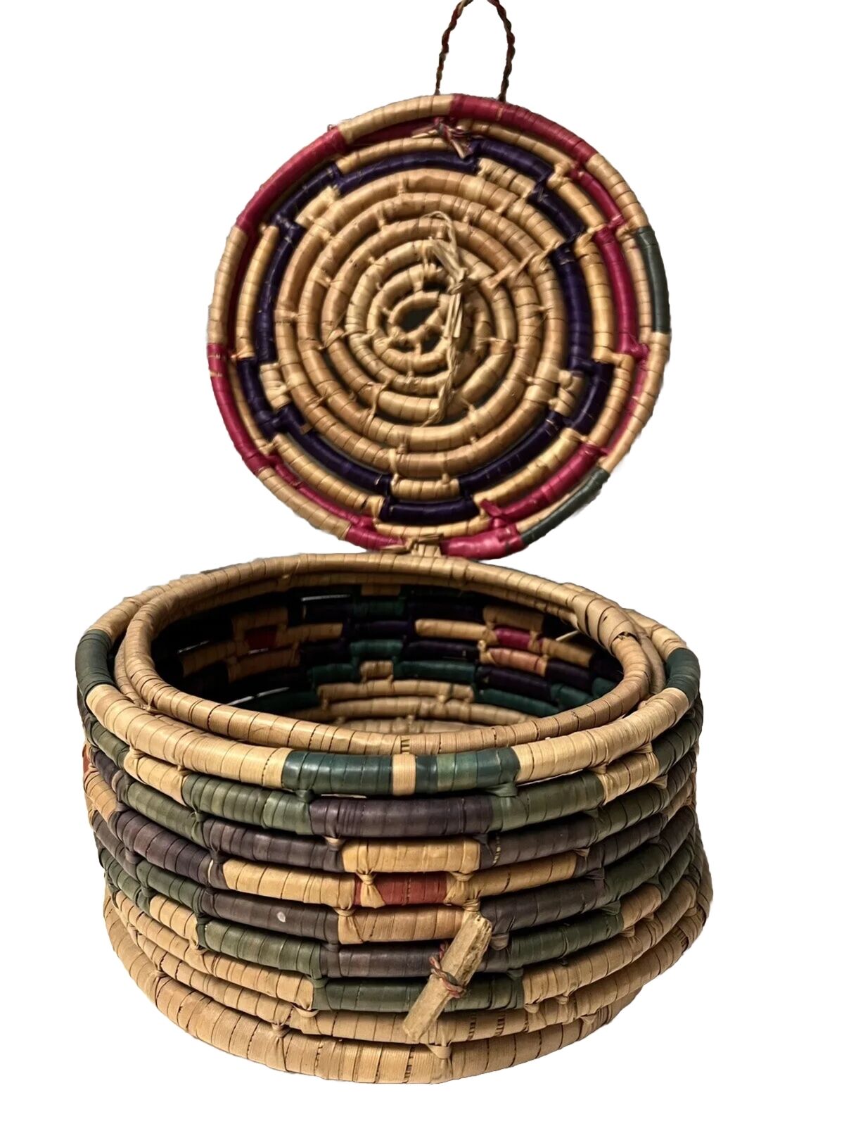 Vintage Old Coiled Hand Woven Round Basket With Lid Multicolor Tribal Primitive