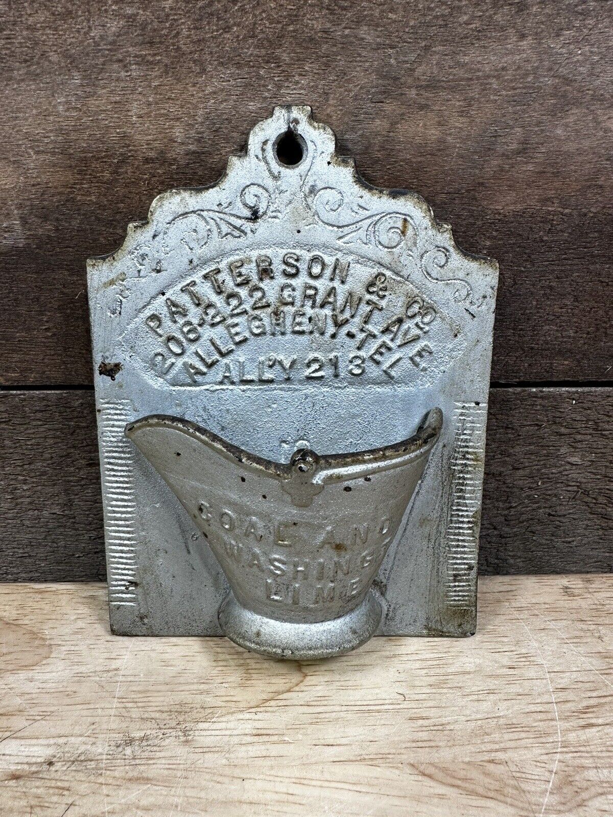 Vintage Patterson & Co “Coal And Washington Lime”  Cast Iron Match Wall Holder