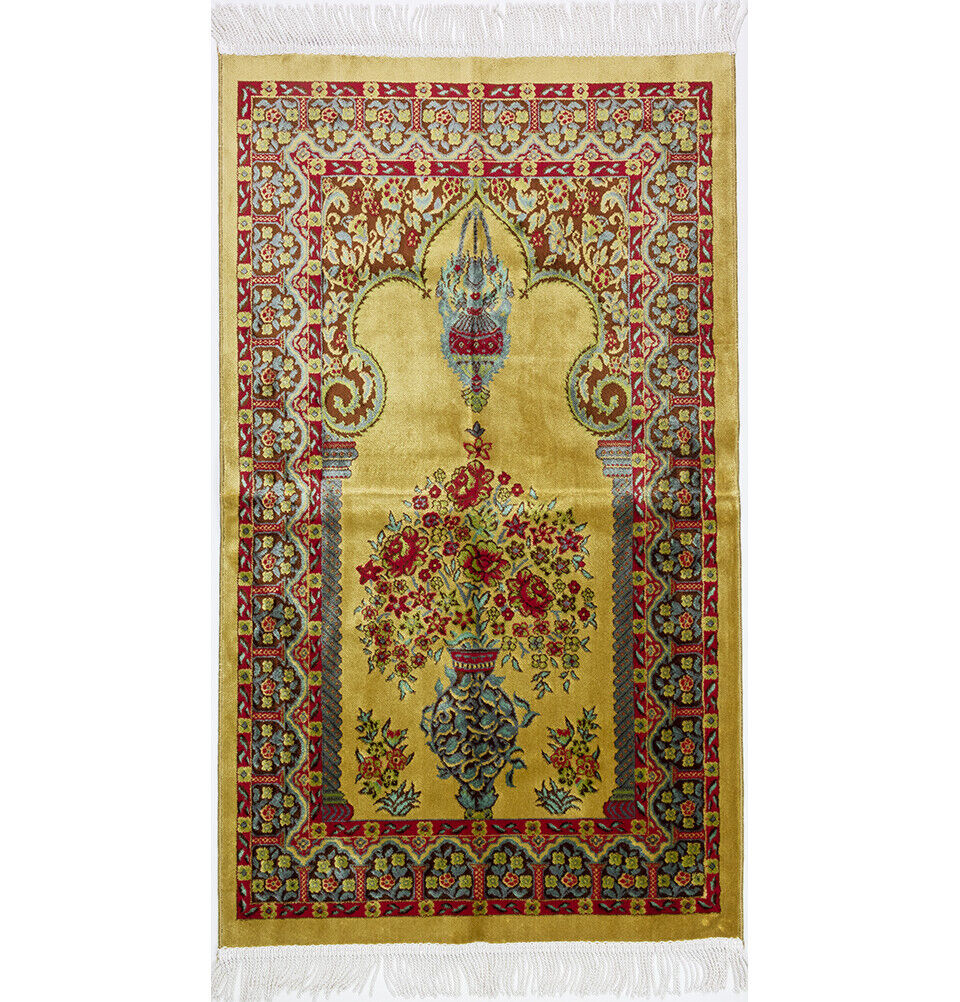 Luxury Turkish Islamic Velvet Kilim Prayer Rug Janamaz Sajada - Floral Gold