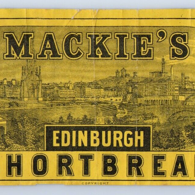 RARE c.1903 Mackie\'s Edinburgh Shortbread Box Tin Label Scotland Cookies Skyline