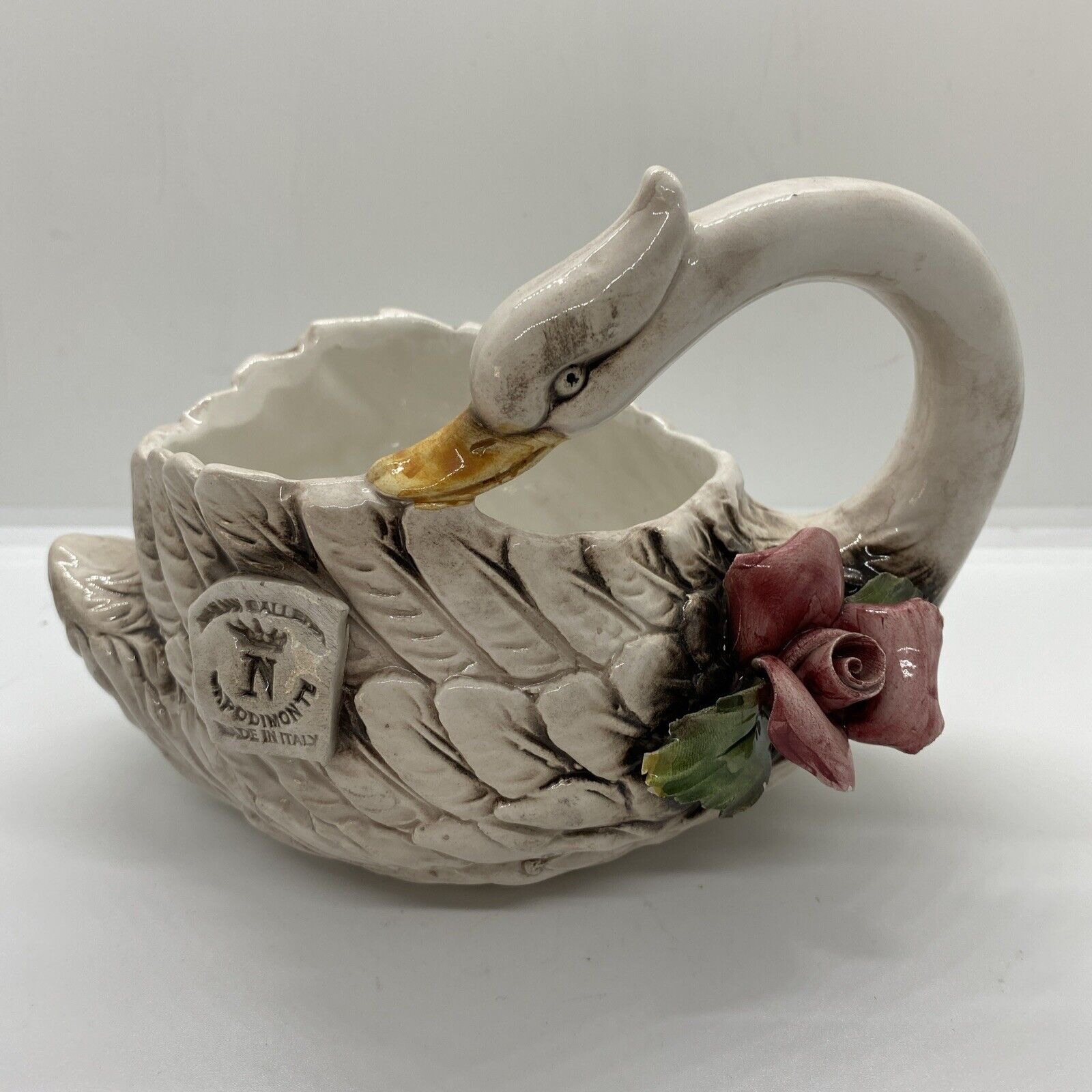 Lovely Vintage Capodimonte Preening Swan Vase Planter With Pink Red Rose