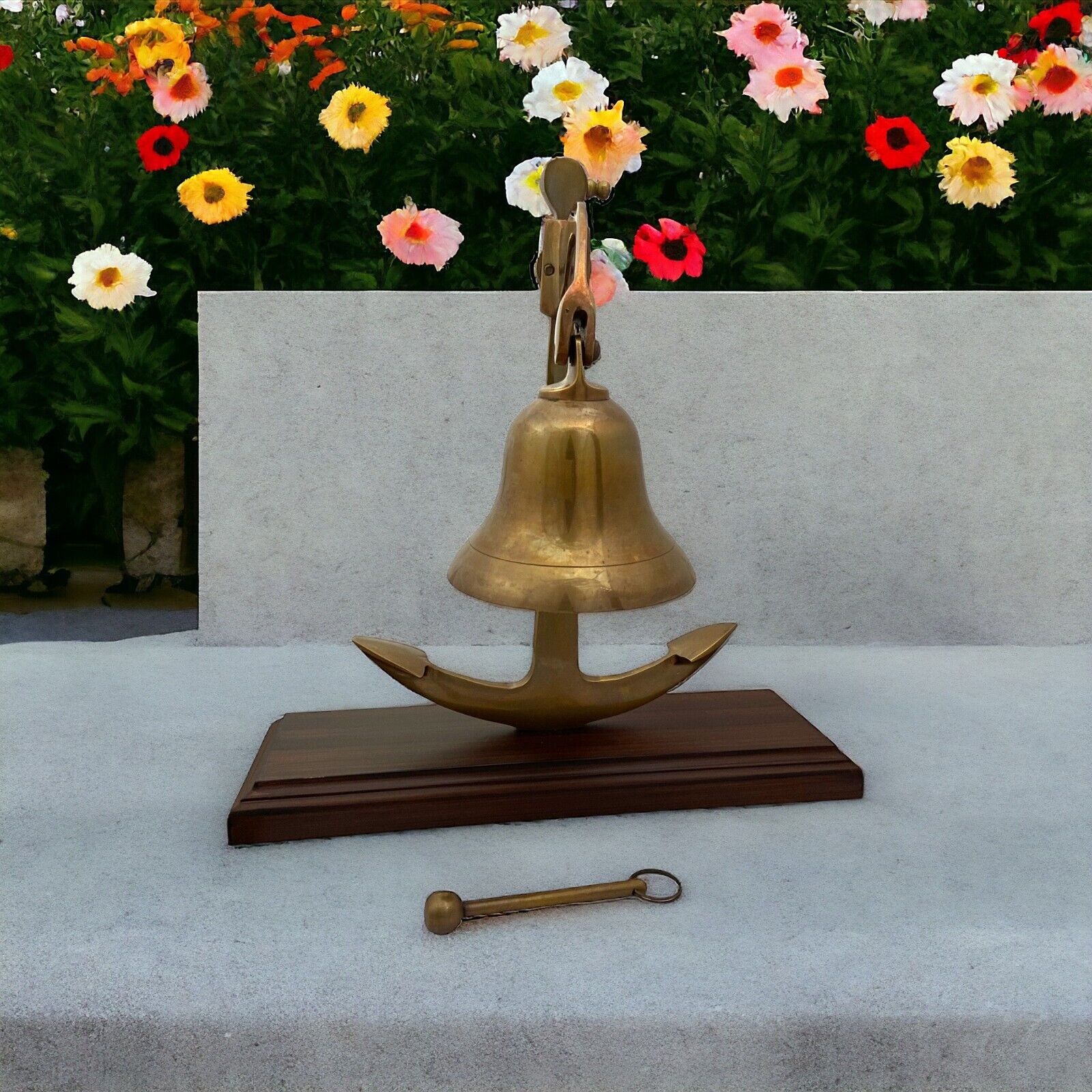 Antique Bell on Wooden Base with Striker - Nautical Brass Bell