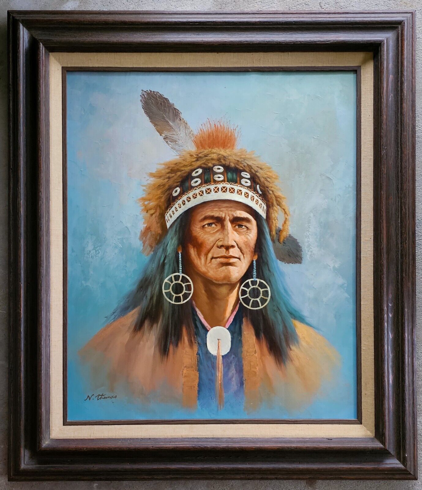 Vintage Original Painting Native American Indian Warrior Tribal Chief Portrait