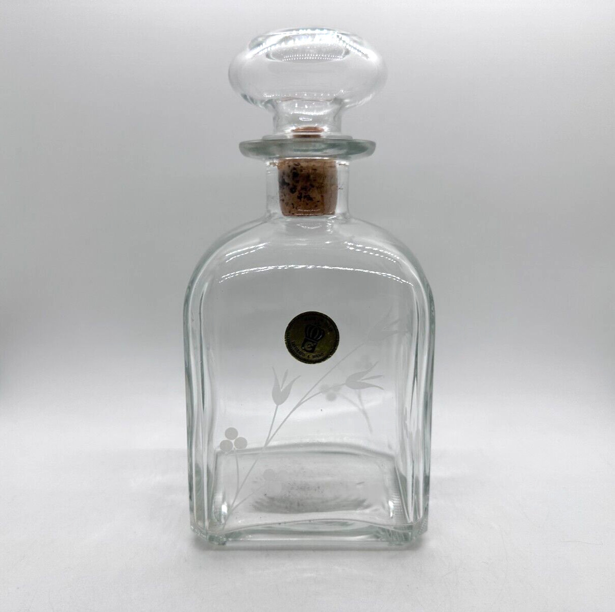 Italian Clear Glass Liquor Decanter with Cork and Glass Stopper 8\'\' Tall