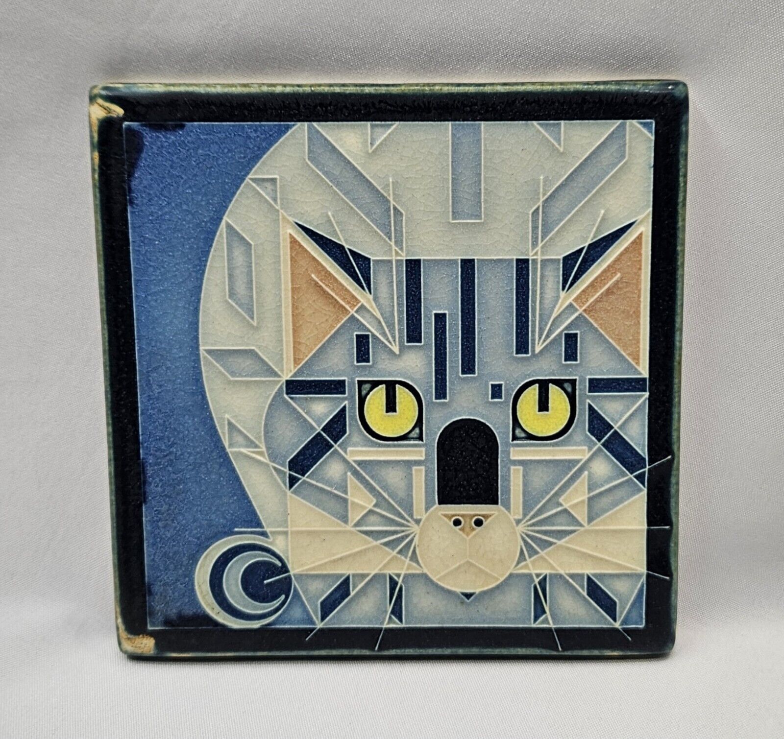 Rare Vtg 1992 Motawi Tileworks Catnip Cat with Moon Tile Art Crafts Blue 6x6 USA