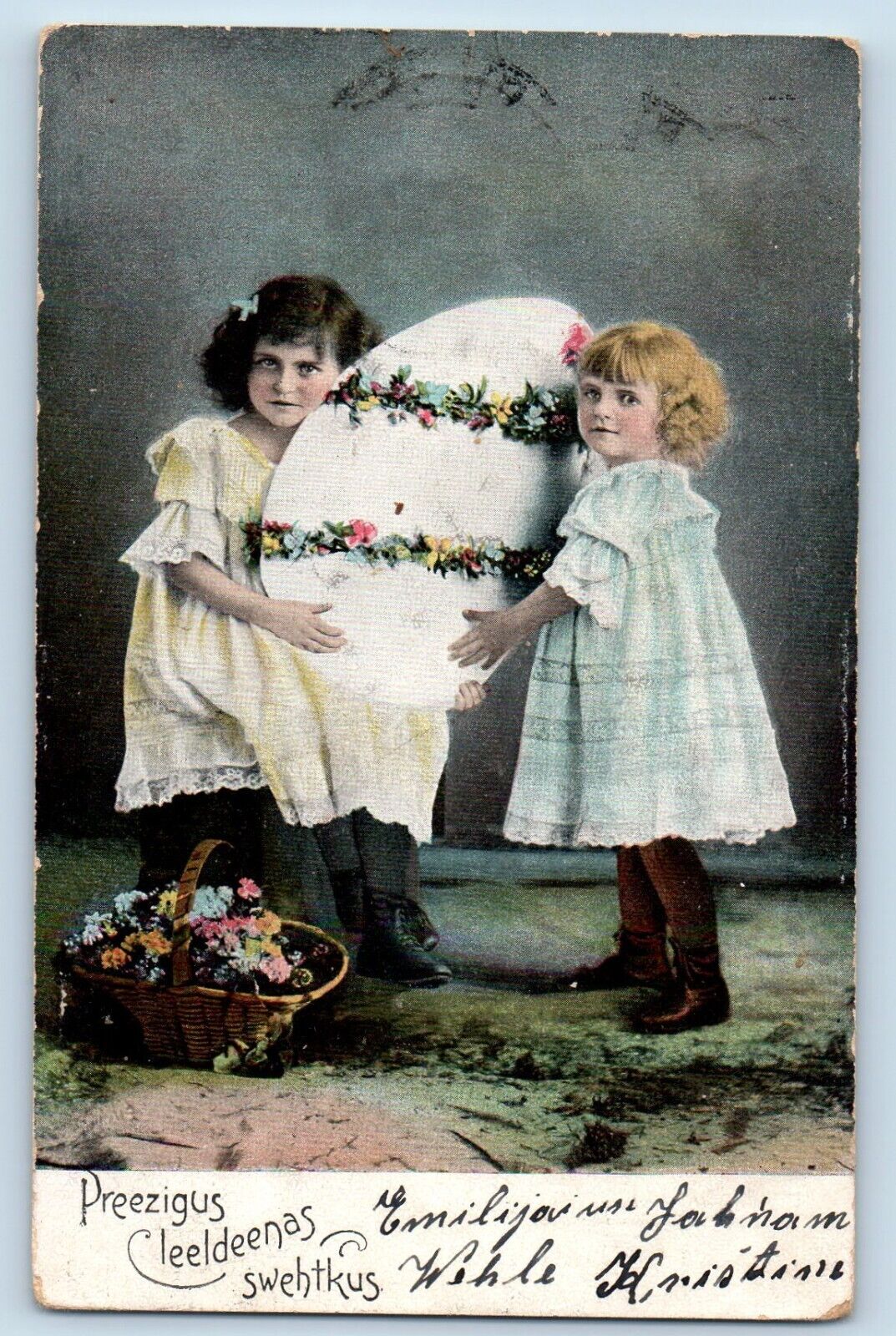 Russia Postcard Easter Little Girls With Big Giant Egg Flowers In Basket c1905