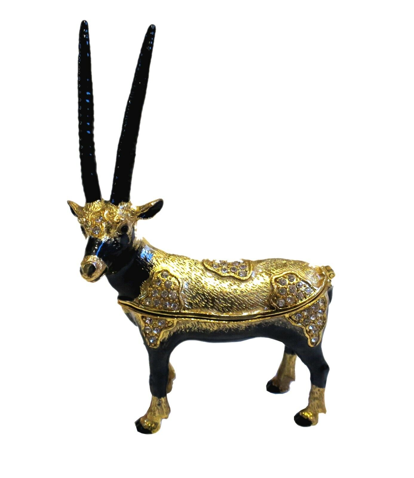 Bejeweled Tibetan Antelope Hinged Metal Enameled Crystal Trinket Box