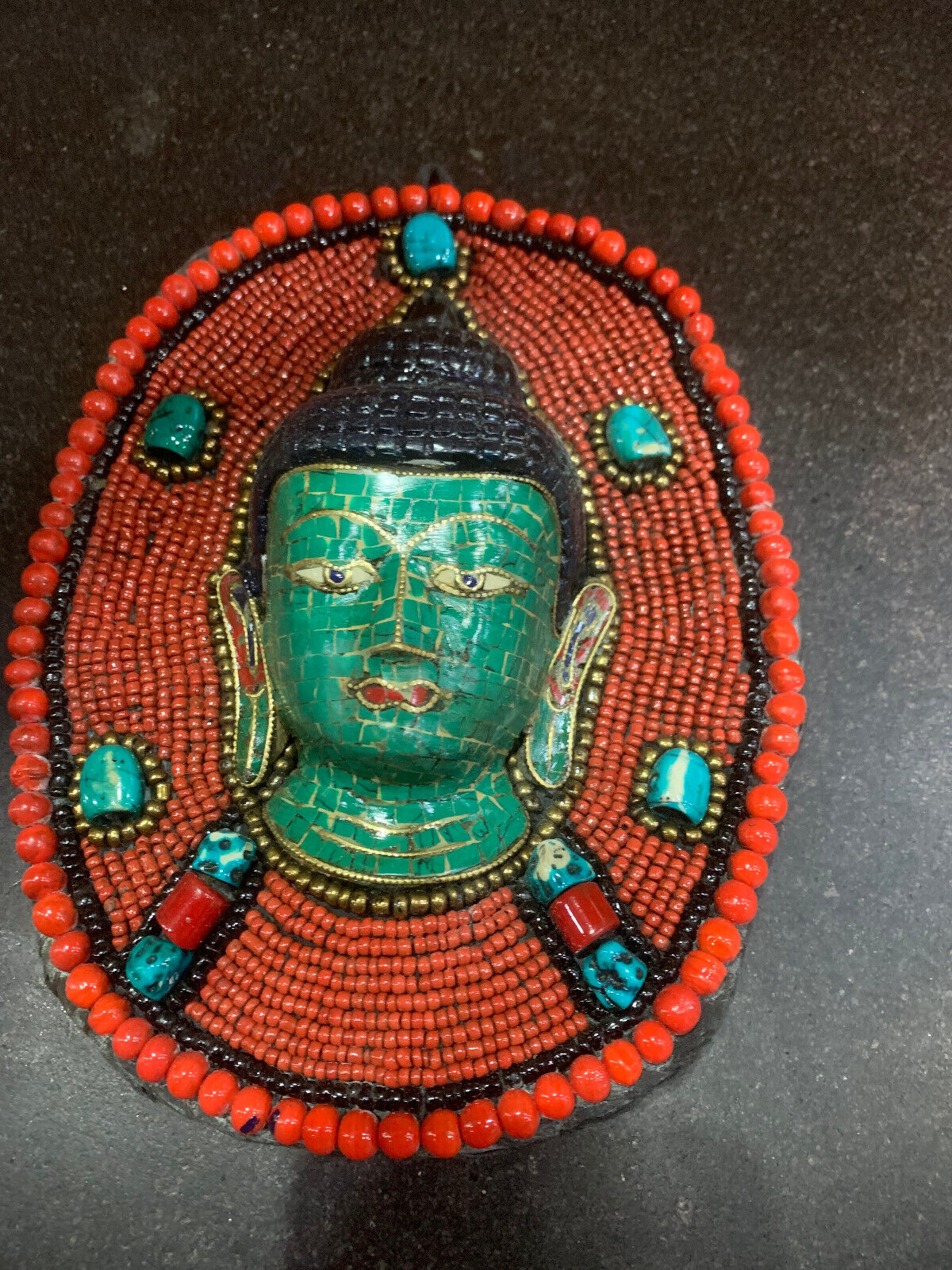 WOW Large Tibetan Hand Made Brass W/Turquoise *Buddha* Red  Beads Cloth Pendant