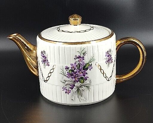 Vintage Ellgreave Ironstone Teapot Purple Sweet Pea Floral Wood & Sons England 