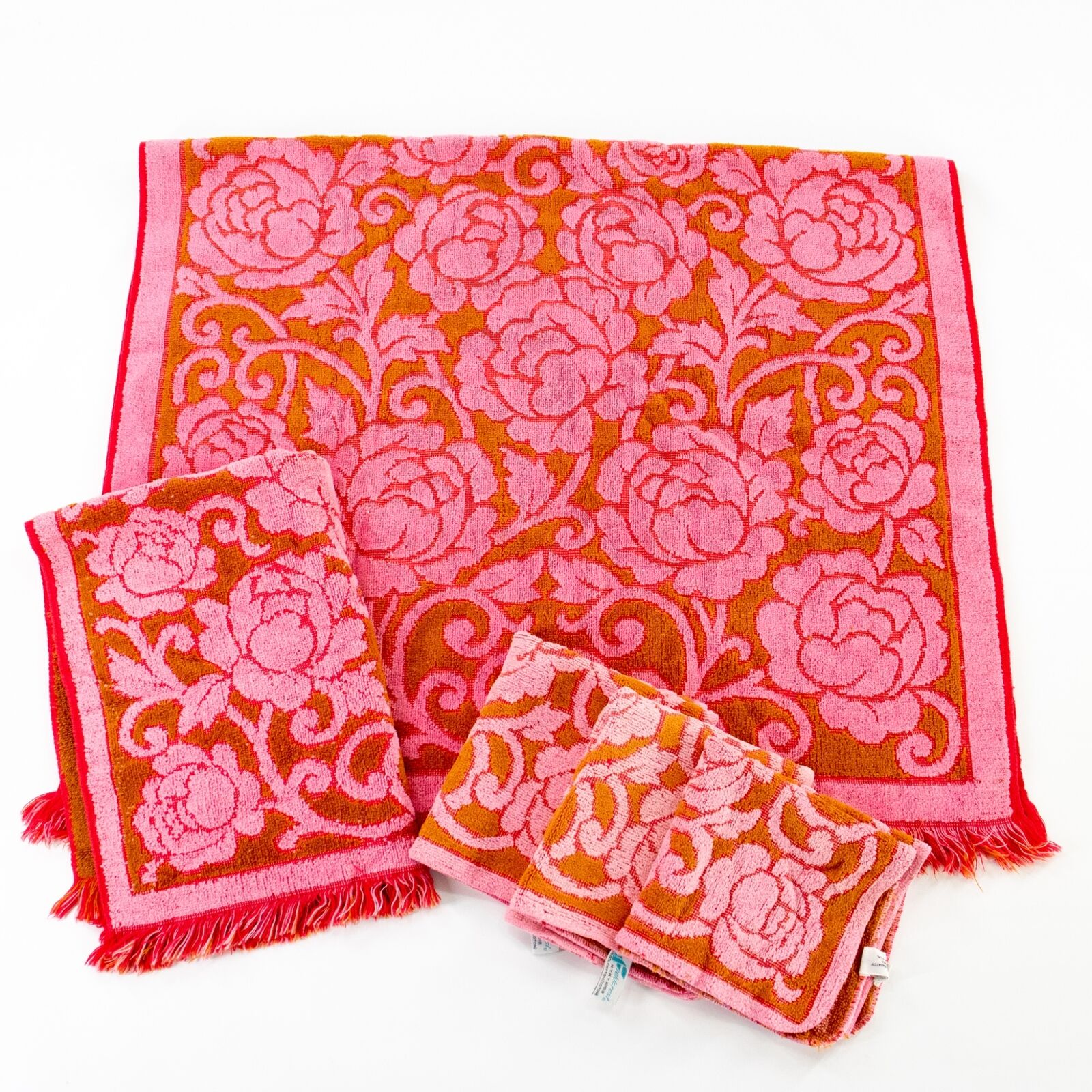 Vintage Fieldcrest Towel Set 1960s Pink Brown Roses Floral Flower Power 5 Pieces