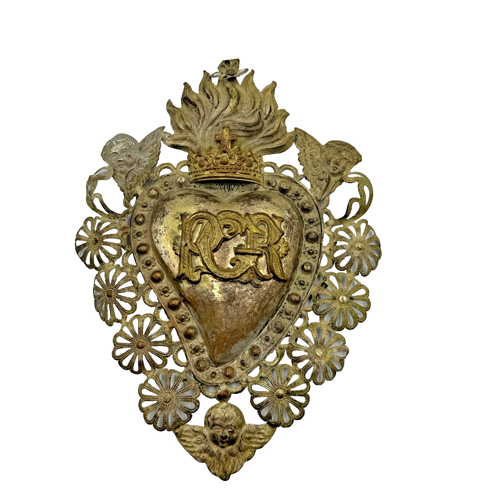 Antique Sacred Heart Ex Voto PGR Large Elaborate Metal Relief