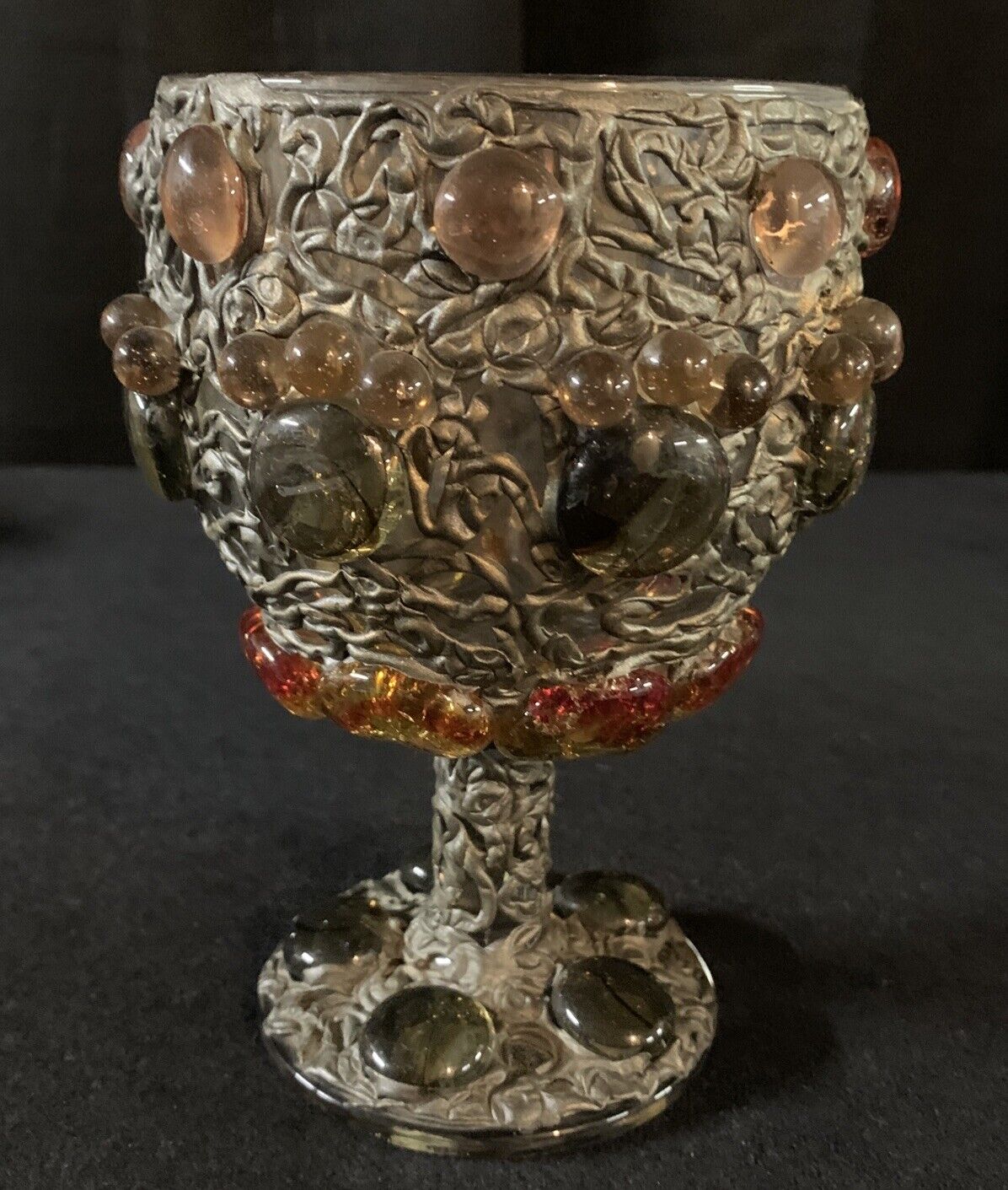 Vintage Gothic Brutalist Glass Chalise Goblet Applied Jewels & Bronze Scroll