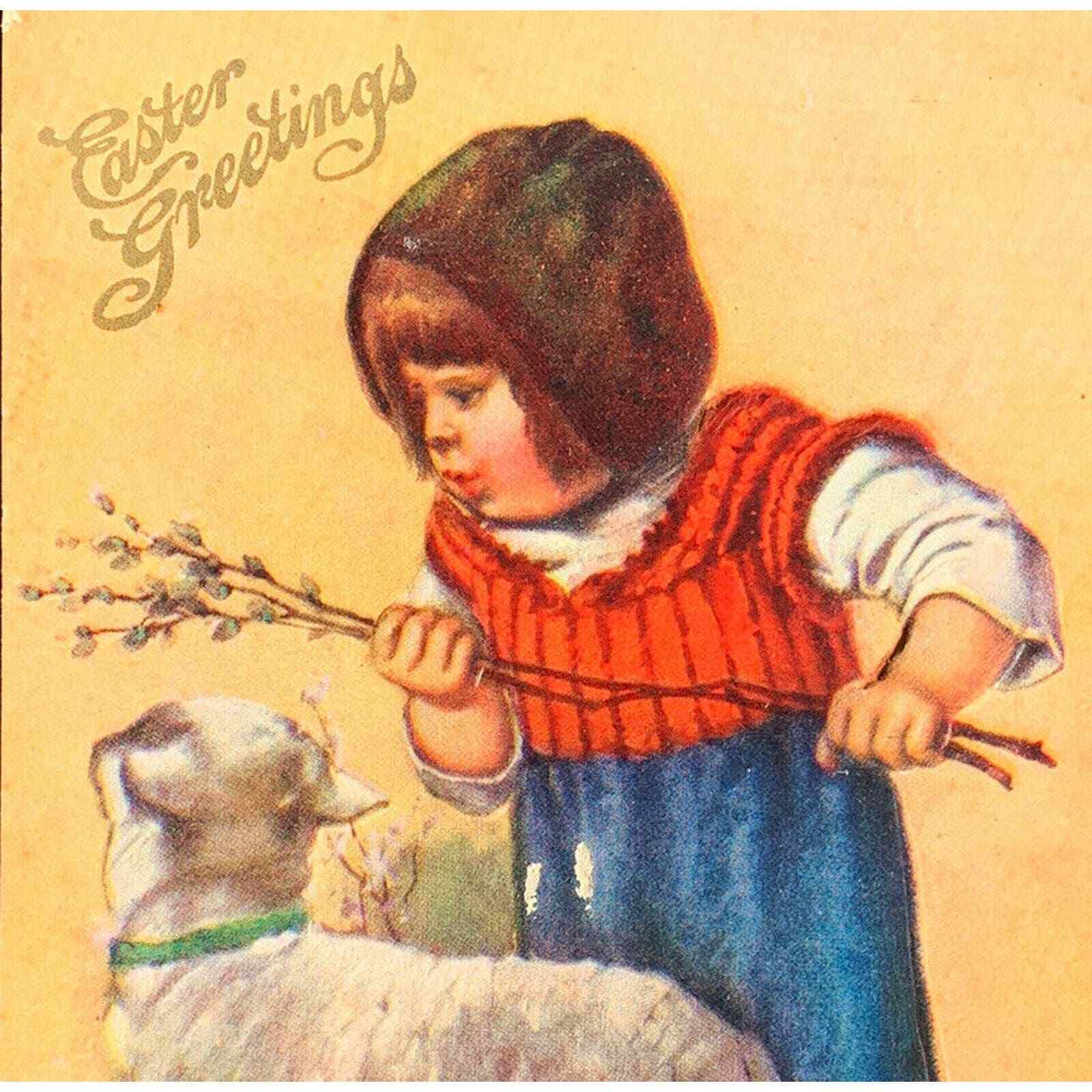 Antique 1920s Ephemera Easter Card Baby Girl W/ Lamb Embossed Used But Unposted