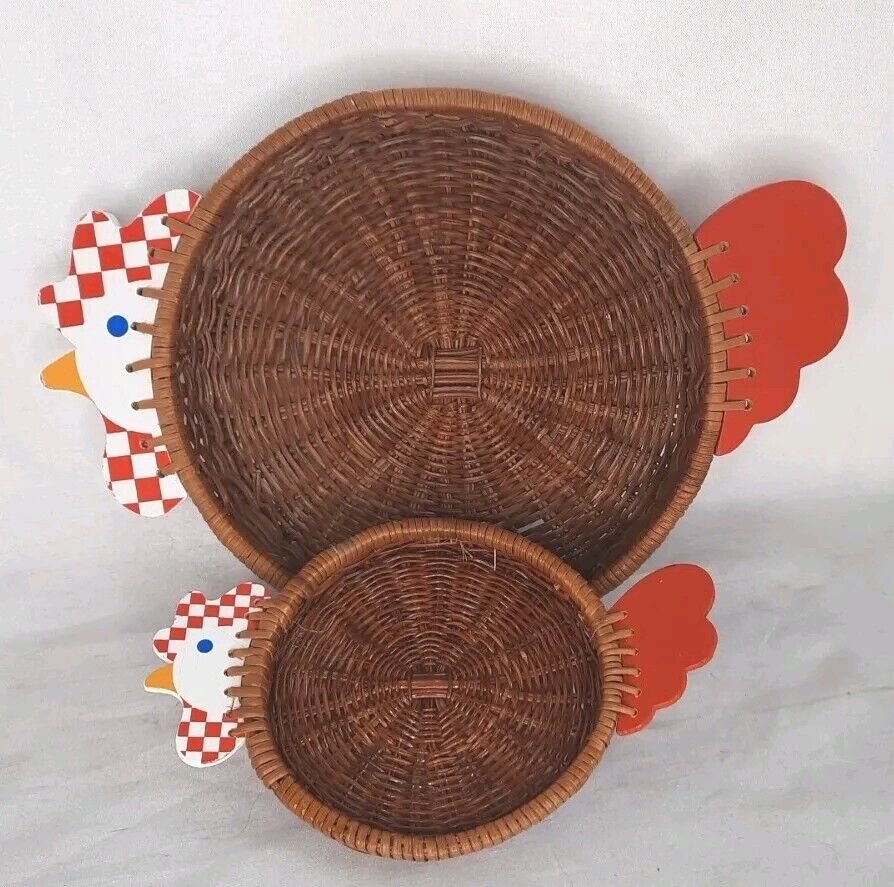 Set of Chicken Wicker Rattan Woven Round Painted Serving Decorative Baskets