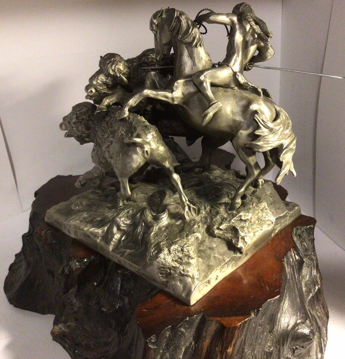 Chilmark  pewter BUFFALO HUNT sculpture by Don Pollan 991/2250 Wood Stand