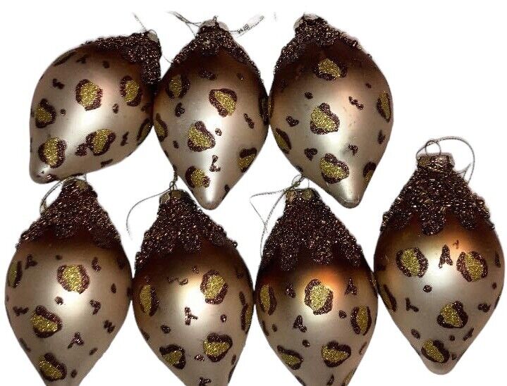 Christmas Ornaments Glass Set Of 7 Cheetah Print Bronze Gold And Brown