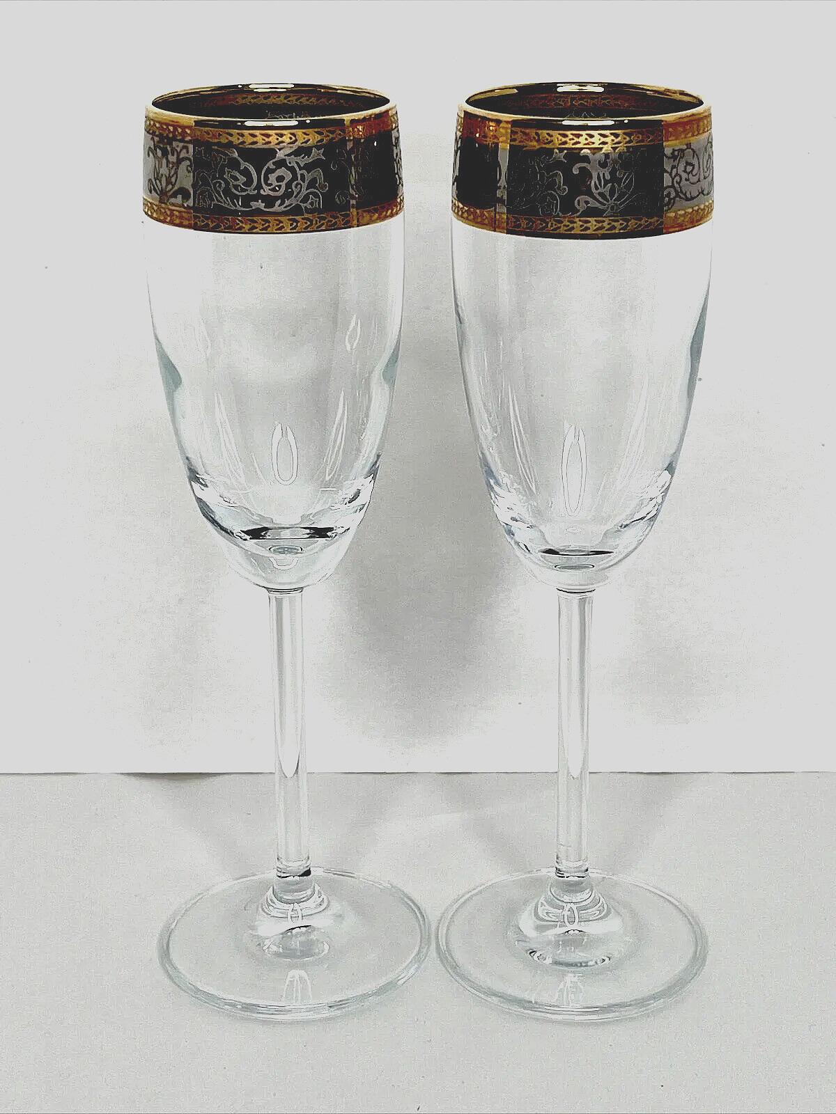 Baroque 24k Gold & Platinum Crystal Stemware Fluted Champagne Glass Set of 2